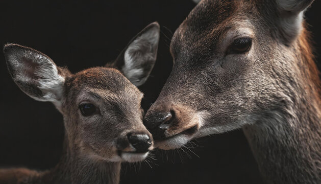 Deer mother nuzzling her fawn baby deer cute wildlife portrait
