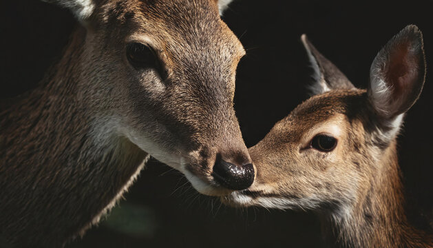Deer mother nuzzling her cute fawn baby deer