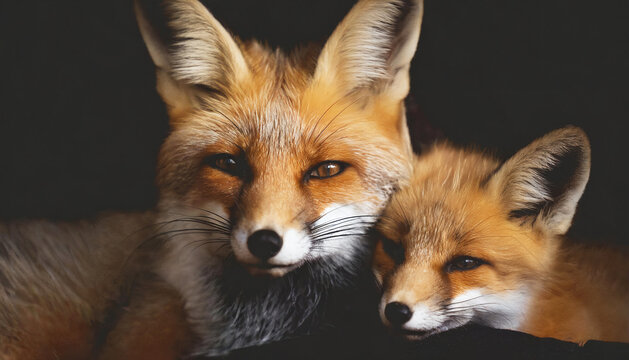 Fox mother nuzzling her baby fox cute wildlife portrait