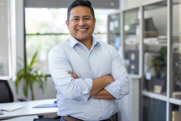 a confident Latin middle aged businessmen stands in his office with his arms crossed, looking directly at the camera for a portrait smiling