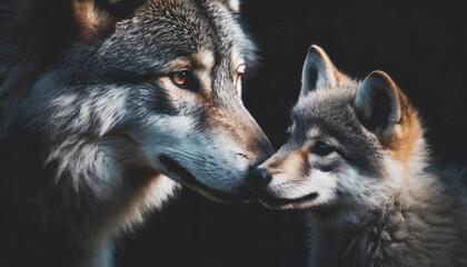 Wolf mother nuzzling her puppy baby wolf cute portrait © oxinoxi