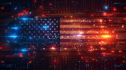 American flag intertwined with digital symbols, representing democracy and digitalized elections - obrazy, fototapety, plakaty
