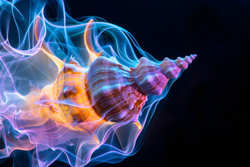 Neon light trails artwork of a seashell with surreal underwater elements isotated on black background.