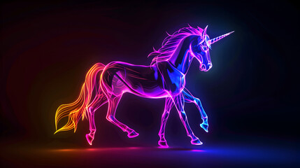 Neon rainbow unicorn silhouette isotated on black background.