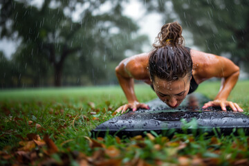 A fully motivated young woman training in the rain outdoors, performing strength exercises with her own body weight, improving her physical condition and well-being.