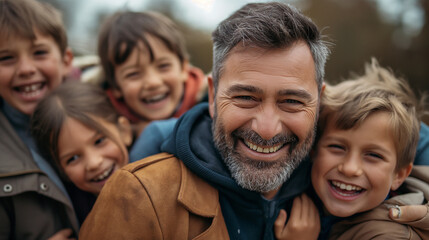 Portrait of father with four small children in group hug outdoor. Generative AI - 753283603
