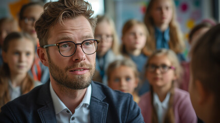 Portrait of young male teacher in school talking to child while group of pupils standing behind. Generative AI - 753283605