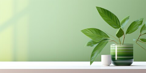 Green kitchen background with plant on desk, abstract leaf pattern, scene, summer table template.