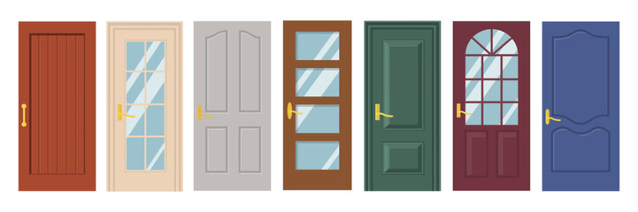 Set of modern wooden doors in cartoon style.Vector illustration of beautiful entrance and interior doors, with and without glass,furniture golden handles isolated on white background.