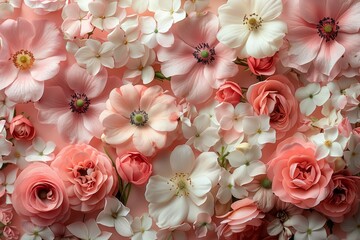 Pink and white flowers creatively arranged on a pink backdrop