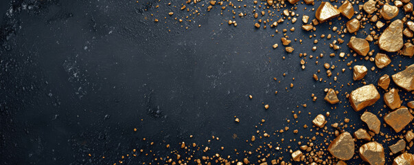 Golden nuggets of varying sizes scattered across a dark, textured surface, conveying a sense of...