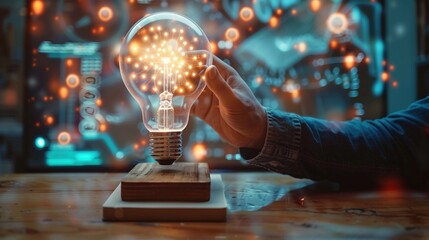 Inventor Holding Illuminated Light Bulb in Workshop