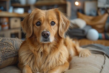 Fawn companion dog resting on a couch, gazing at the camera