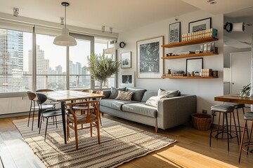 Corner view of home living room interior with couch and dining table, shelf