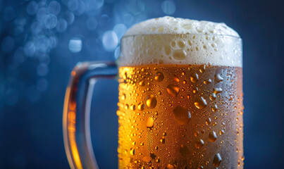 A chilling mug of beer with condensation droplets - obrazy, fototapety, plakaty