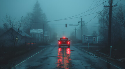 Pickup truck drive into fog on empty road with red taillight in silent town.