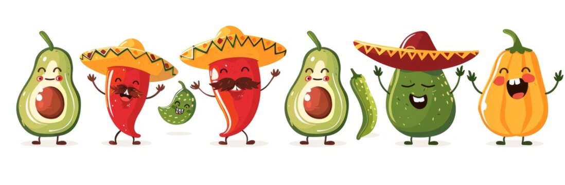 Vibrant Mexican fiesta characters, like dancing chilies wearing sombreros and laughing avocados with mustaches Generative AI