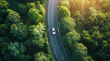 Aerial view captures a modern car navigating a winding, narrow road, flanked by spring green trees along the roadside
