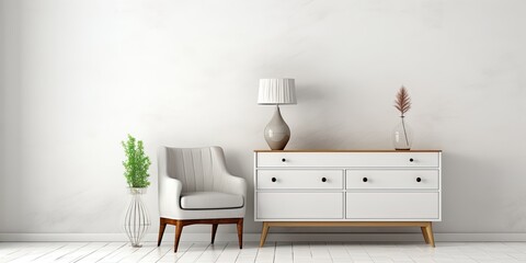 White wall background with furniture, including commode, frames, chairs, and table.