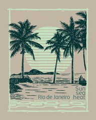 Handmade vector illustration of a beach landscape in the city of Rio de Janeiro. Art in simple lines for prints, decoration, etc. © Rob
