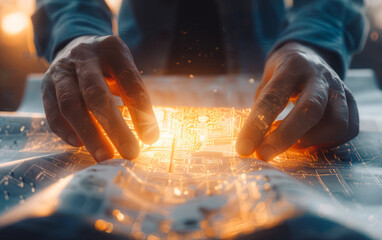 
Dreamy 2D depiction of hands holding a business blueprint, glowing with simplicity and clarity. - obrazy, fototapety, plakaty