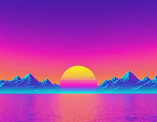 Fotobehang sunset in mountains, vaporwave © Erdem
