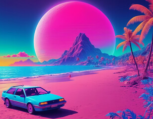car on the beach, with mountain scene, vaporwave