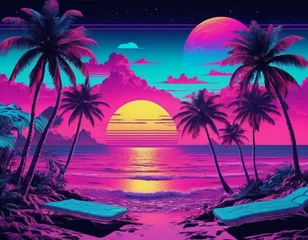 Poster Roze beach with palm trees, vaporwave