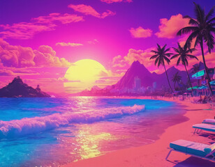 Fototapeta na wymiar sunset on the beach with palm trees, vaporwave