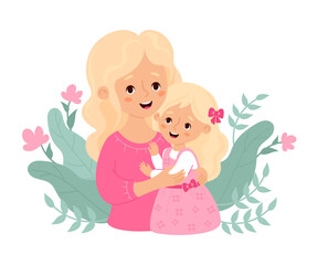 Cute woman blonde with baby daughter. Vector illustration flat cartoon style. Happy holiday female character for birthday, Women's Day, Mother's Day design