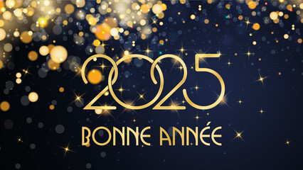 carte ou bandeau pour souhaiter une bonne année 2025 en or sur fond bleu avec en haut à gauche des ronds et des paillettes de couleur or en effet bokeh 