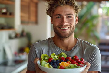 Radiant Young Man with Fruit Salad Bowl, Embracing a Healthy Diet and Lifestyle