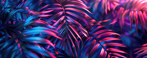 Vivid blue and purple lighting casting a neon glow on tropical palm leaves, creating an exotic and vibrant atmosphere. - obrazy, fototapety, plakaty