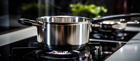 Close up of metal pot on induction stove in modern kitchen