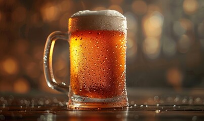A chilling mug of beer with condensation droplets - obrazy, fototapety, plakaty