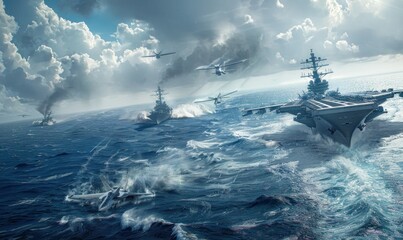 Aerial view: Fighter jets taking off from a military aircraft carrier in a warzone. Wide poster