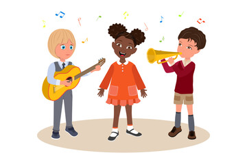 Flat Vector Illustration of Talanted Children, Happy Kids Singing and Playing Classic Musical Instruments