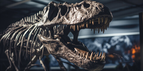 A formidable Tyrannosaurus Rex skeleton on display, exuding prehistoric power in a dimly lit museum setting. - obrazy, fototapety, plakaty