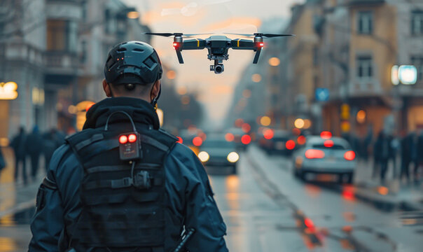 Police drone hovering over a mass of people for surveillance purposes