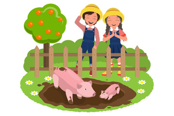 Fototapeta premium Flat Vector Illustration of Happy Little Farmers, Kids Working in Farm