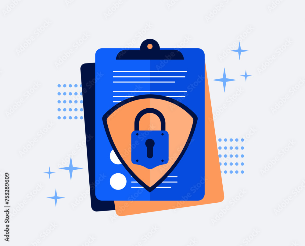 Poster shield with padlock on the paper with personal data security protection. flat style. vector design e