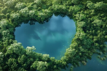 Heart-shaped lake in untouched nature landscape. Concept of environmental conservation, bioproducts, protection of forests and woodlands. Sustainable eco-friendly natural resources for Earth Day