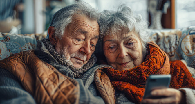 Happy senior couple relaxing on couch with smartphone, conveying warmth and comfort.