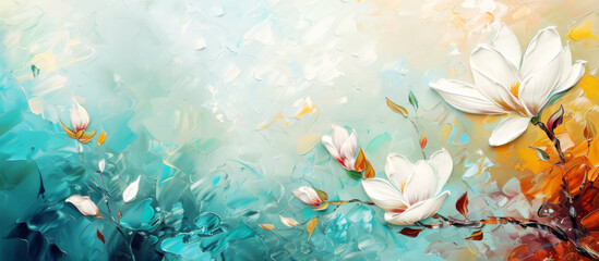 Fototapeta na wymiar Blooming Magnolia Tree Branch Brush Strokes Acrylic Painting Landscape Canvas Texture Banner