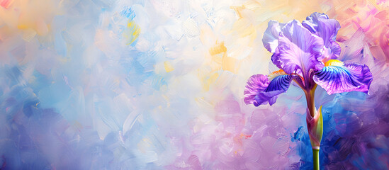 Fototapeta na wymiar Purple Iris Flower Brush Strokes Acrylic Painting Background Banner Canvas Texture