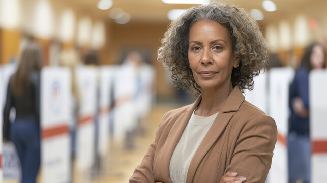 Election scene: senior voter stands at polling booth under US flag