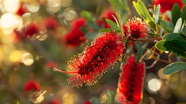 Beautiful Crimson Bottlebrush blossoms on a tree. Lemon bottlebrush, Scarlet bottlebrush, Botanic name Callistemon citrinus