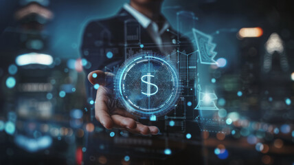 A corporate professional interacts with a futuristic financial interface: outstretched hand, blurred office background, holographic money icon.