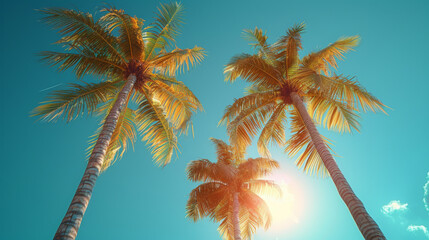 Palm trees against blue sky, Palm trees at tropical coast, vintage toned and stylized, coconut tree,summer tree ,retro.