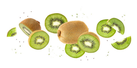 Fresh ripe kiwi green fruit whole and slices with drops falling flying isolated on white background.